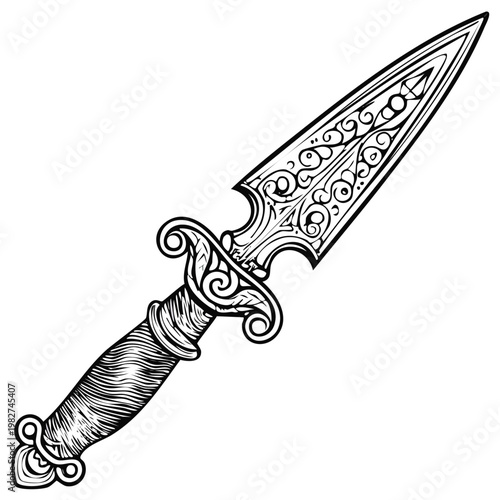 Intricate dagger illustration, with decorative handle and ornate blade details in a vintage style.