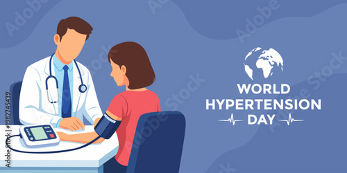 World Hypertension Day banner with doctor checking a patient’s blood pressure using a digital monitor. vector illustration.