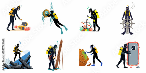 Set of Scuba Diver Illustrations Exploring Shipwrecks and Treasures Underwater