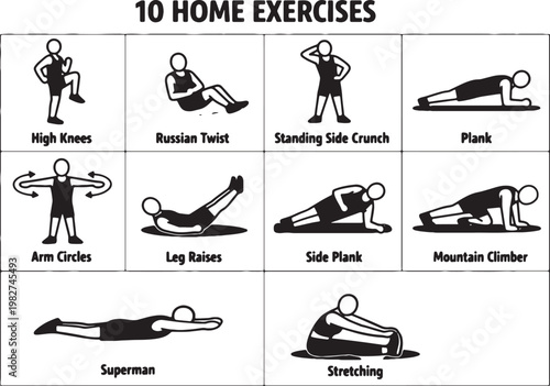 10 Home Exercises - Full Body No Equipment Workout Illustration