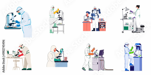 Professional collection of scientists and medical researchers in full protective hazmat suits working with microscopes and laboratory equipment on a white background.