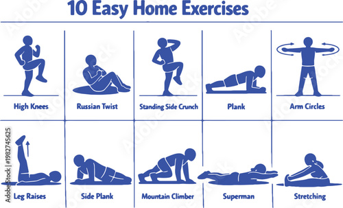 10 Easy Home Exercises Chart - No Equipment Bodyweight Fitness Routine
