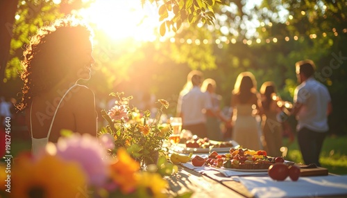 Golden Hour Garden Party with Friends and Family Enjoying a Summer Evening.