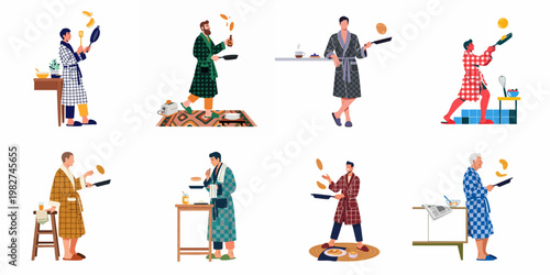 Collection of diverse men in bathrobes cooking and flipping pancakes in the kitchen, depicting a relaxed morning breakfast routine in flat vector style.