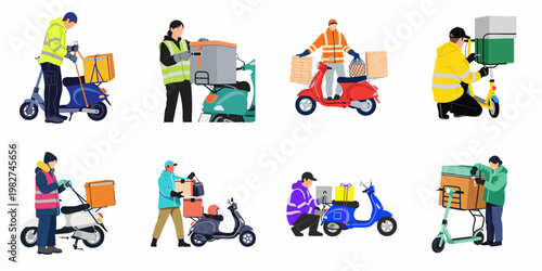 Set of flat vector illustrations showing diverse delivery couriers on electric scooters and mopeds transporting various packages and food boxes.