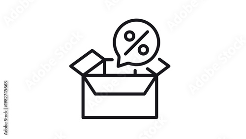 Black line vector icon of an open cardboard box with a percentage sign inside a speech bubble, representing a discount offer, promotional deal, or special sale on a product package delivery.