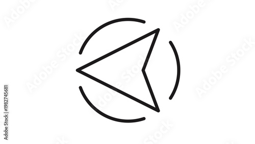 Minimalist black line art vector icon of a navigation arrow or cursor pointing left, surrounded by a broken circle. Scalable graphic illustration for web, mobile apps, and UI design.
