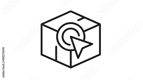 Black line vector icon illustration of a cardboard box package with a computer mouse cursor arrow clicking on a circular target, representing online shopping, delivery tracking, or e-commerce.