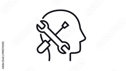 Human head profile silhouette with crossed wrench and screwdriver tools vector icon. Symbol for mental health maintenance, psychological therapy, cognitive repair, and technical problem-solving.
