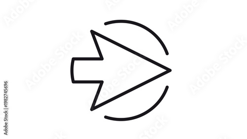 Minimalist black line vector icon of a right-pointing arrow partially enclosed by circular arcs, symbolizing direction, navigation, next step, and movement. Scalable graphic illustration for UI.