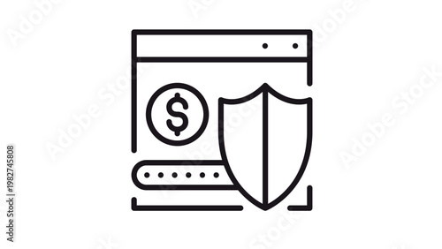 Secure online payment and financial protection vector icon illustration featuring a web browser window with a dollar coin, password field, and a protective shield for cybersecurity concepts.