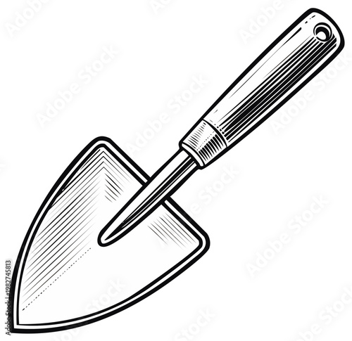 Engraved illustration of a gardening trowel with a wooden handle isolated on a white background