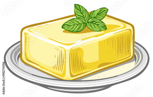 Stick of butter with fresh mint leaves garnish on a plate cartoon vector illustration