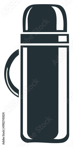 Vector graphic icon of a classic thermos bottle with handle for travel and outdoor activities