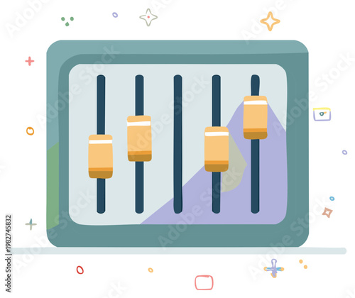 Graphic equalizer interface with audio wave display, sliders, sound adjustment and soundboard control panel illustration