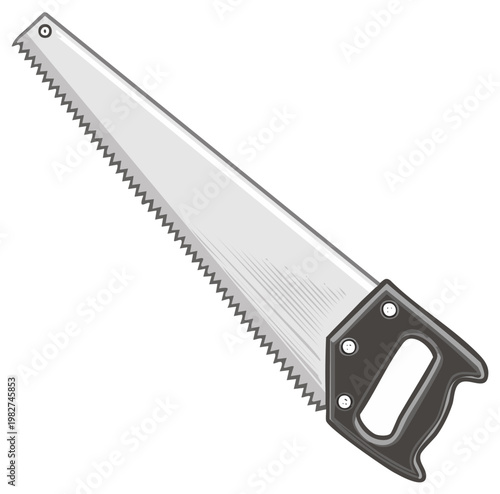 Cartoon Illustration of a Gray Hand Saw with a Black Handle - Woodworking, Carpentry, Tools