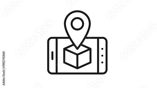 Vector icon illustration of a smartphone displaying a 3D box and a location pin marker, representing mobile package tracking, delivery logistics, augmented reality shopping, and shipping services.