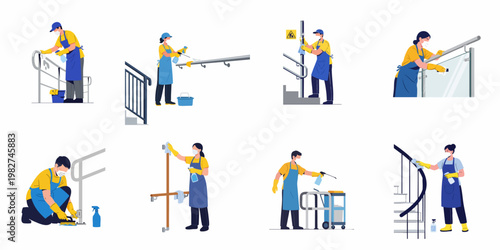 Professional cleaning staff in masks disinfecting handrails and stairs, flat vector illustration of sanitation service workers isolated on white background.