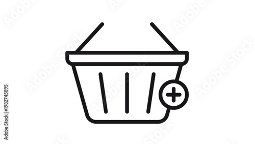 Black outline vector icon of a shopping basket with a plus sign, representing adding items to a cart for e-commerce, online retail, grocery shopping, and digital marketplace applications.