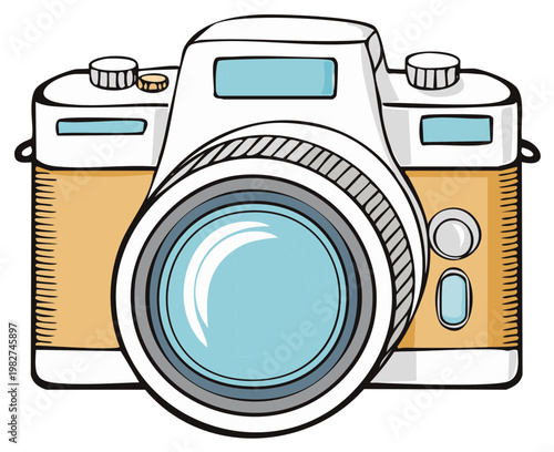 Hand Drawn Retro Camera Illustration With Orange Body and Blue Lens