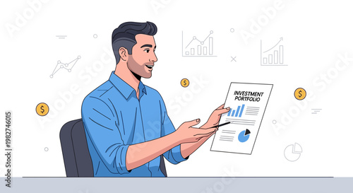 Man presenting investment portfolio with charts and graphs, business concept