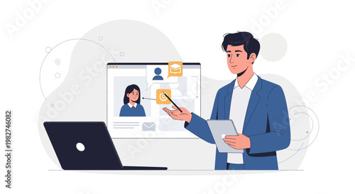 Man presenting online course on laptop, digital education, e-learning, remote teaching, business meeting