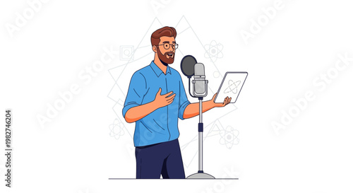 Man speaking into microphone, holding tablet, podcasting, voiceover, presentation, online content creation