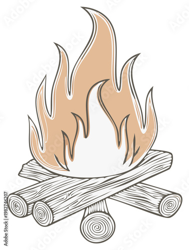 Stylized Vector Bonfire Illustration: Burning Flames Atop Wooden Logs for Rustic Design Elements and Wilderness Themes