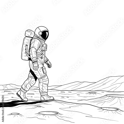 Astronaut walking on moon surface, exploring lunar landscape with craters and mountains