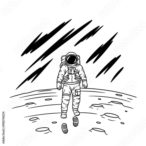 Astronaut walking on the moon surface with footprints, space exploration, stars in background