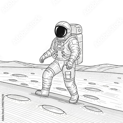 Astronaut walking on moon surface, exploring lunar landscape, space exploration, science, discovery