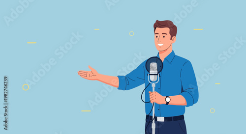 Man Speaking into Microphone, Presenter, Podcaster, Public Speaking, Interview, Performance