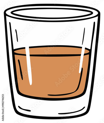 Hand drawn cartoon illustration of a clear glass tumbler filled with an amber brown liquid beverage