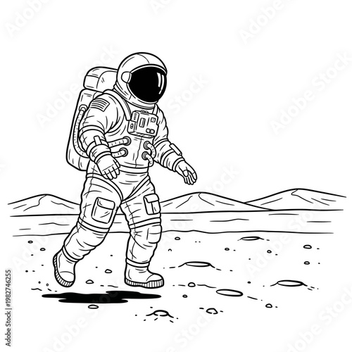 Astronaut walking on the moon surface, exploring alien planet, space exploration, science fiction