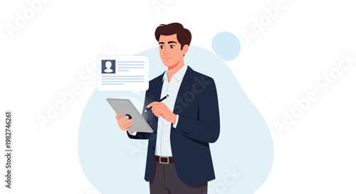 Man using tablet for business, digital profile, online cv, recruitment, professional