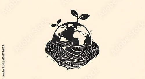 Stamped Earth Emblem Linocut Style Hands Embracing Globe with Sprouts Rustic Eco Block Print Logo Concept