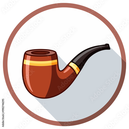 Vintage cartoon tobacco pipe, brown wooden smoking illustration in a circle.