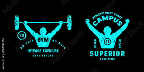 Set of emblems for fitness. Graphic design for t-shirt. Blue print on black background
