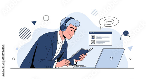 Man with headphones and book learning online with laptop and chat bubble