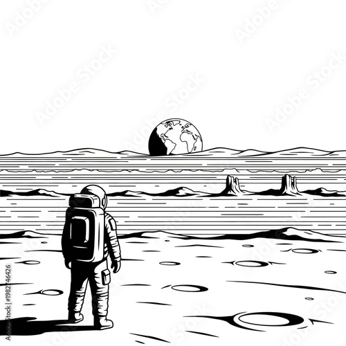 Astronaut on Moon looking at Earth, Space Exploration, Lunar Landscape, Cosmic View