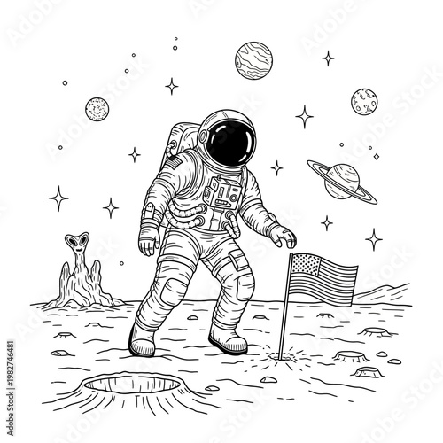 Astronaut planting American flag on alien planet with UFO and Saturn
