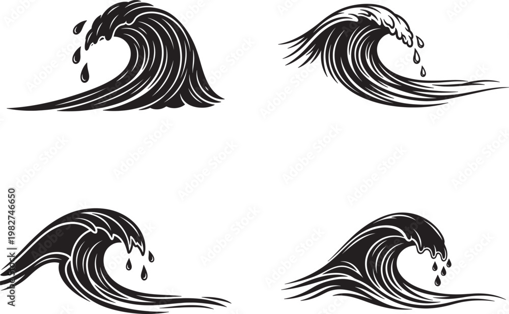 Fototapeta premium Set of black and white ocean waves in vintage engraving style