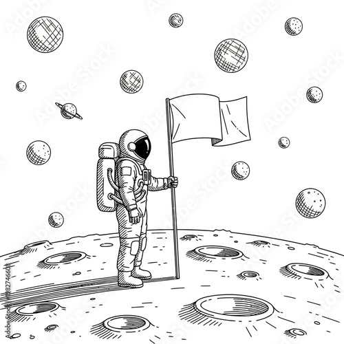 Astronaut planting flag on moon surface, space exploration, planets and stars background