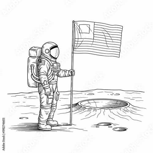 Astronaut planting flag on moon surface, space exploration, lunar mission, science, discovery