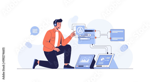 Man with headset interacting with digital interface, data analysis and support concept