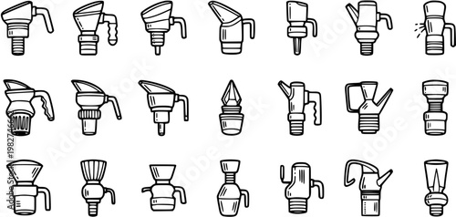 Diverse Hand-Drawn Line Art Illustrations of Various Funnels and Pouring Devices for Industrial and Kitchen Use