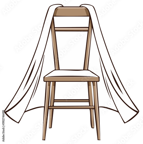 Cartoon illustration of wooden chair with white fabric drape, representing disguise, transformation, or furniture design concept