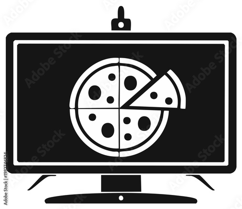 Television screen displaying a pizza with a missing slice icon concept of food delivery or online ordering