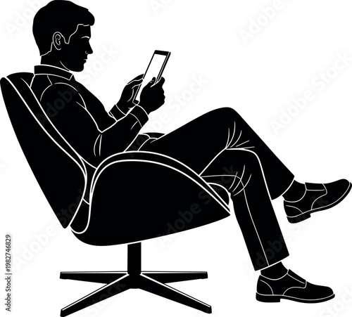 Black and white silhouette illustration of a relaxed businessman sitting in a modern swivel chair using a digital tablet device.