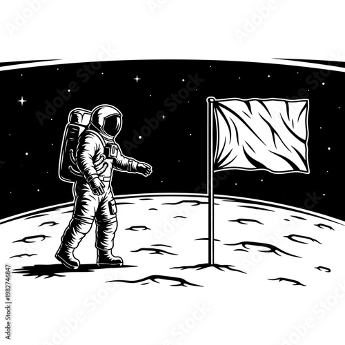 Astronaut plants flag on moon surface, space exploration, science, discovery, achievement